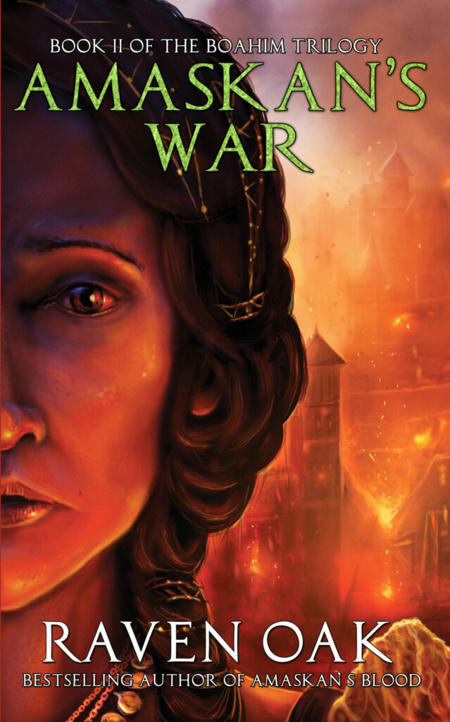 A woman with curly brown hair is staring ahead in pain and worry as a city burns behind her. Book cover for Amaskan's War by Raven Oak.